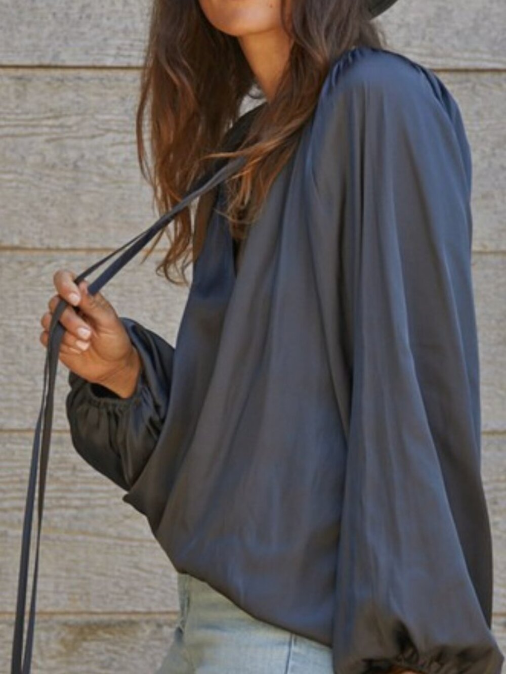 SATIN LONG SLEEVE V-NECK BLOUSE - Picture 4 of 4